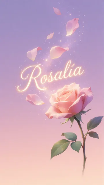 Rosalia diseño 8 - Fondo de Pantalla con degradado suave que transiciona de lila en la parte superior a melocotón y rosa pastel en la base, destacando una rosa rosada hiperrealista con tallo y hojas verdes. El nombre brilla en tipografía cursiva con efecto neón cálido, adornado con pétalos cayendo y chispas de luz mágica.