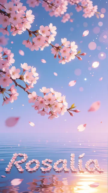 Rosalia diseño 9 - Composición serena y onírica con ramas de cerezo en flor (sakura) en la parte superior contra un cielo en degradado de azul suave y lila. Pétalos de color rosa pastel flotan delicadamente en el aire cayendo hacia una superficie de agua tranquila y cristalina. En el centro inferior, el nombre está formado por pétalos de flores con un sutil efecto de relieve 3D y tipografía floral, reflejándose sobre el agua que está iluminada por un cálido destello dorado de luz solar en la esquina inferior derecha.