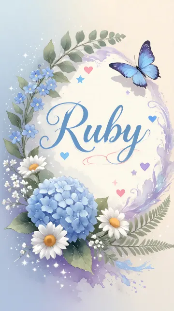 Ruby diseño 1 - Hortensias azules, flores pequeñas y acuarela suave con mariposas azules y brillo etéreo