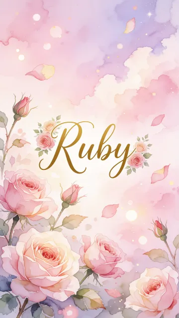 Ruby diseño 10 - Diseño estilo acuarela con un fondo etéreo y texturizado en nubes de tonos rosa pastel y lila suave. Presenta composiciones de rosas abiertas y capullos en los bordes inferior y superior, con pétalos cayendo delicadamente. Incorpora destellos de luz cálida (efecto bokeh) y, en el centro, resalta una tipografía elegante, cursiva y fluida en color dorado.
