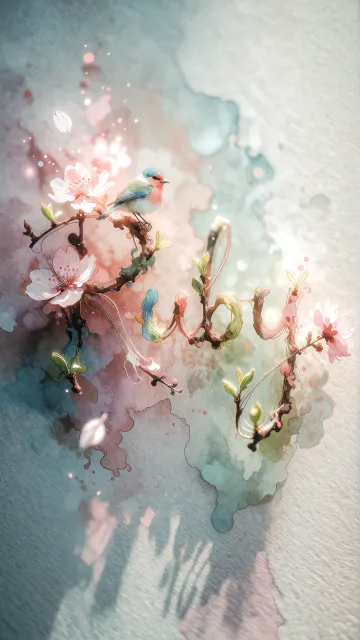Ruby diseño 11 - Un delicado diseño de estilo acuarela digital que combina una tipografía de caligrafía personalizada para el nombre en tonos dorados y rosados suaves, adornada con pequeñas hojas y brotes. Un pajarito azul y naranja vibrante está posado en una de las letras. Todo está rodeado por un marco circular de ramas de cerezo en flor con delicadas flores rosadas y blancas. El fondo es un lavado de acuarela difuminado en tonos pastel suaves de azul cerceta, rosa rubor y melocotón sobre una textura de papel rugoso, con destellos luminosos y motas de luz bokeh flotando alrededor, creando una atmósfera mágica y soñadora. Las sombras suaves proyectadas añaden profundidad.