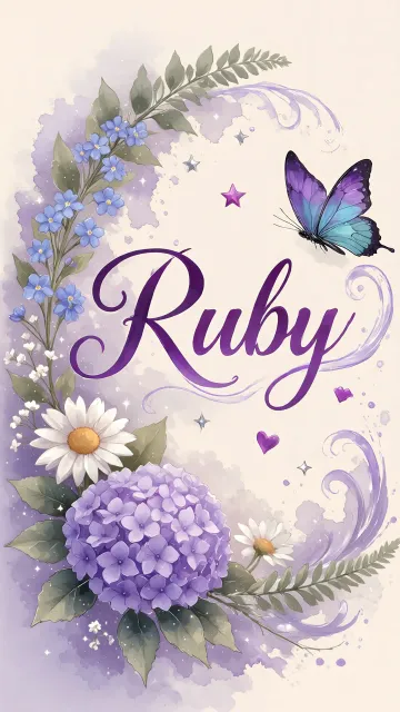 Ruby diseño 2 - Diseño elegante de hortensias en tonos lila y morados suaves, con volutas estilizadas y una mariposa mística que aporta un toque etéreo y mágico.