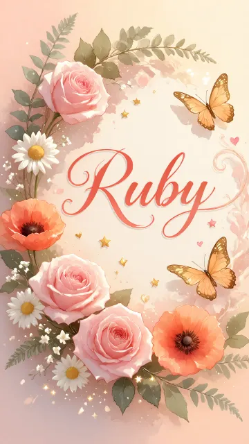 Ruby diseño 3 - Elegante composición de rosas rosadas y amapolas naranjas con mariposas doradas brillantes sobre un fondo cálido, romántico y mágico.