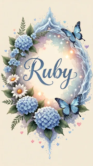 Ruby diseño 4 - Composición magica con nombre en letra cursiva azul, rodeado de hortensias azules, margaritas blancas y delicadas flores silvestres, enmarcado por suaves remolinos de agua, mariposas azules y destellos estelares sobre un fondo etéreo y romántico.