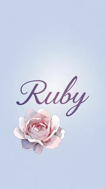 Ruby diseño 5 - Nombre en elegante tipografía cursiva caligráfica en tono lavanda, sobre fondo acuarela de cielo nublado en tonos pastel (azul, blanco, lavanda), decorado con rosa en acuarela de pétalos rosa pálido, blanco crema y lilas suaves con hojas en gris-verde.