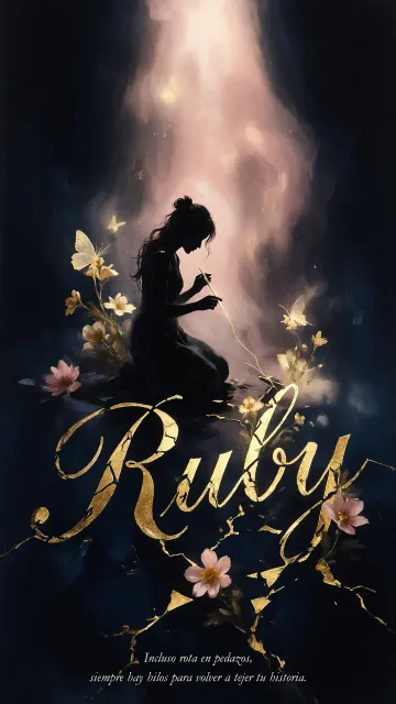 Ruby diseño 6 - Composición de ilustración semirrealista cinematográfica con silueta femenina tejiendo un hilo dorado de luz sobre un suelo oscuro fracturado al estilo Kintsugi, donde el nombre resalta en un prominente guión caligráfico dorado que emerge de las grietas, rodeado de flores blancas, mariposas y un fondo degradado de azules profundos iluminado por una luz celestial en tonos melocotón y crema, con una frase de aliento en tipografía blanca en la parte inferior.