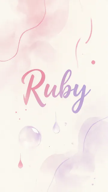 Ruby diseño 7 - Diseño abstracto en acuarela sobre fondo crema, con manchas fluidas y etéreas en rosa pastel y lila, líneas curvas que aportan movimiento, pequeñas gotas salpicadas cayendo verticalmente y una burbuja translúcida en la parte superior izquierda. El nombre resalta al centro con una tipografía cursiva amplia y elegante en degradado rosa a morado.