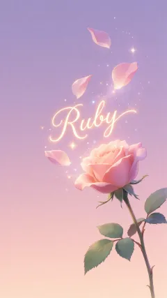 Ruby - Fondo de Pantalla con degradado suave que transiciona de lila en la parte superior a melocotón y rosa pastel en la base, destacando una rosa rosada hiperrealista con tallo y hojas verdes. El nombre brilla en tipografía cursiva con efecto neón cálido, adornado con pétalos cayendo y chispas de luz mágica.