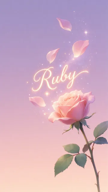 Ruby diseño 8 - Fondo de Pantalla con degradado suave que transiciona de lila en la parte superior a melocotón y rosa pastel en la base, destacando una rosa rosada hiperrealista con tallo y hojas verdes. El nombre brilla en tipografía cursiva con efecto neón cálido, adornado con pétalos cayendo y chispas de luz mágica.