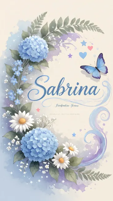 Sabrina diseño 1 - Hortensias azules, flores pequeñas y acuarela suave con mariposas azules y brillo etéreo