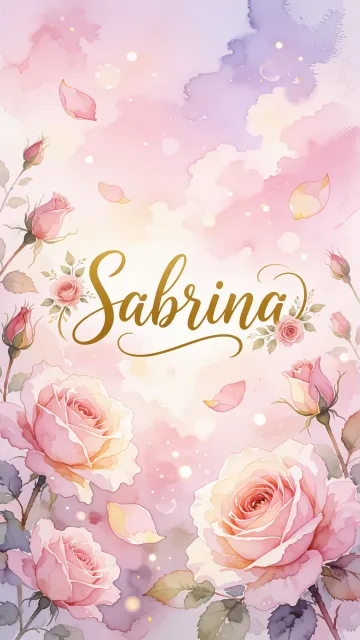 Sabrina diseño 10 - Diseño estilo acuarela con un fondo etéreo y texturizado en nubes de tonos rosa pastel y lila suave. Presenta composiciones de rosas abiertas y capullos en los bordes inferior y superior, con pétalos cayendo delicadamente. Incorpora destellos de luz cálida (efecto bokeh) y, en el centro, resalta una tipografía elegante, cursiva y fluida en color dorado.