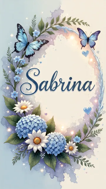 Sabrina diseño 4 - Composición magica con nombre en letra cursiva azul, rodeado de hortensias azules, margaritas blancas y delicadas flores silvestres, enmarcado por suaves remolinos de agua, mariposas azules y destellos estelares sobre un fondo etéreo y romántico.