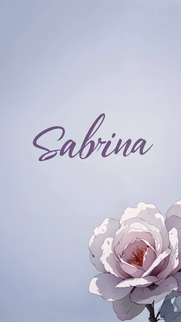 Sabrina diseño 5 - Nombre en elegante tipografía cursiva caligráfica en tono lavanda, sobre fondo acuarela de cielo nublado en tonos pastel (azul, blanco, lavanda), decorado con rosa en acuarela de pétalos rosa pálido, blanco crema y lilas suaves con hojas en gris-verde.