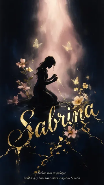 Sabrina diseño 6 - Composición de ilustración semirrealista cinematográfica con silueta femenina tejiendo un hilo dorado de luz sobre un suelo oscuro fracturado al estilo Kintsugi, donde el nombre resalta en un prominente guión caligráfico dorado que emerge de las grietas, rodeado de flores blancas, mariposas y un fondo degradado de azules profundos iluminado por una luz celestial en tonos melocotón y crema, con una frase de aliento en tipografía blanca en la parte inferior.