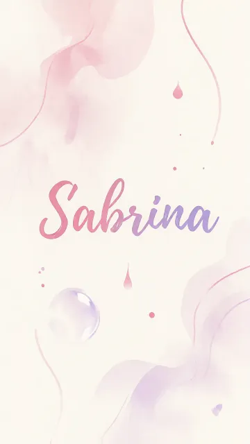 Sabrina diseño 7 - Diseño abstracto en acuarela sobre fondo crema, con manchas fluidas y etéreas en rosa pastel y lila, líneas curvas que aportan movimiento, pequeñas gotas salpicadas cayendo verticalmente y una burbuja translúcida en la parte superior izquierda. El nombre resalta al centro con una tipografía cursiva amplia y elegante en degradado rosa a morado.