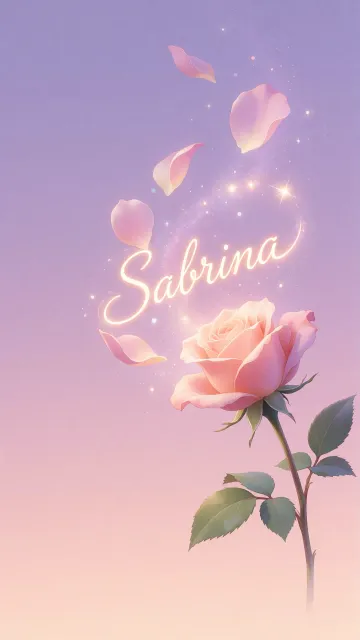 Sabrina diseño 8 - Fondo de Pantalla con degradado suave que transiciona de lila en la parte superior a melocotón y rosa pastel en la base, destacando una rosa rosada hiperrealista con tallo y hojas verdes. El nombre brilla en tipografía cursiva con efecto neón cálido, adornado con pétalos cayendo y chispas de luz mágica.