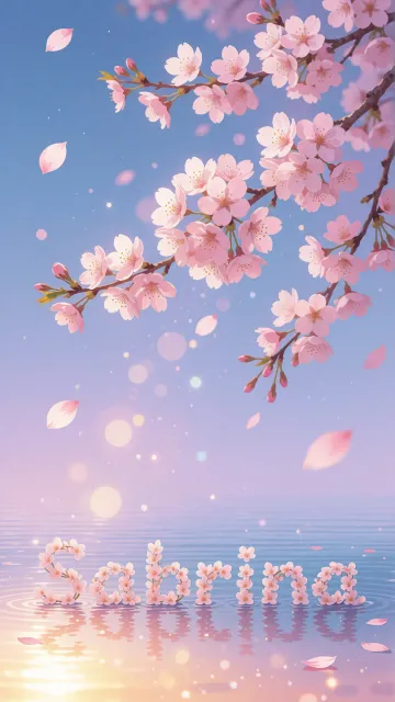 Sabrina diseño 9 - Composición serena y onírica con ramas de cerezo en flor (sakura) en la parte superior contra un cielo en degradado de azul suave y lila. Pétalos de color rosa pastel flotan delicadamente en el aire cayendo hacia una superficie de agua tranquila y cristalina. En el centro inferior, el nombre está formado por pétalos de flores con un sutil efecto de relieve 3D y tipografía floral, reflejándose sobre el agua que está iluminada por un cálido destello dorado de luz solar en la esquina inferior derecha.