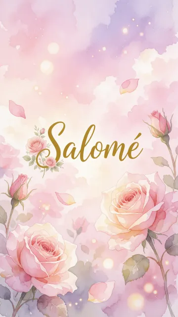 Salome diseño 10 - Diseño estilo acuarela con un fondo etéreo y texturizado en nubes de tonos rosa pastel y lila suave. Presenta composiciones de rosas abiertas y capullos en los bordes inferior y superior, con pétalos cayendo delicadamente. Incorpora destellos de luz cálida (efecto bokeh) y, en el centro, resalta una tipografía elegante, cursiva y fluida en color dorado.