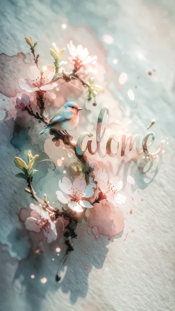Salome diseño 11 - Un delicado diseño de estilo acuarela digital que combina una tipografía de caligrafía personalizada para el nombre en tonos dorados y rosados suaves, adornada con pequeñas hojas y brotes. Un pajarito azul y naranja vibrante está posado en una de las letras. Todo está rodeado por un marco circular de ramas de cerezo en flor con delicadas flores rosadas y blancas. El fondo es un lavado de acuarela difuminado en tonos pastel suaves de azul cerceta, rosa rubor y melocotón sobre una textura de papel rugoso, con destellos luminosos y motas de luz bokeh flotando alrededor, creando una atmósfera mágica y soñadora. Las sombras suaves proyectadas añaden profundidad.
