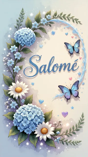 Salome diseño 4 - Composición magica con nombre en letra cursiva azul, rodeado de hortensias azules, margaritas blancas y delicadas flores silvestres, enmarcado por suaves remolinos de agua, mariposas azules y destellos estelares sobre un fondo etéreo y romántico.
