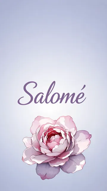 Salome diseño 5 - Nombre en elegante tipografía cursiva caligráfica en tono lavanda, sobre fondo acuarela de cielo nublado en tonos pastel (azul, blanco, lavanda), decorado con rosa en acuarela de pétalos rosa pálido, blanco crema y lilas suaves con hojas en gris-verde.