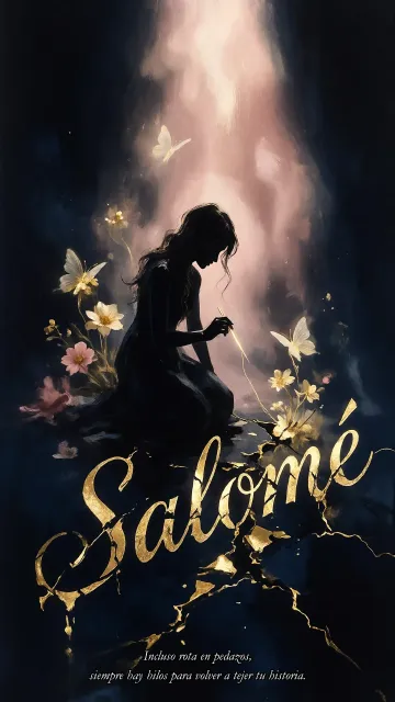 Salome diseño 6 - Composición de ilustración semirrealista cinematográfica con silueta femenina tejiendo un hilo dorado de luz sobre un suelo oscuro fracturado al estilo Kintsugi, donde el nombre resalta en un prominente guión caligráfico dorado que emerge de las grietas, rodeado de flores blancas, mariposas y un fondo degradado de azules profundos iluminado por una luz celestial en tonos melocotón y crema, con una frase de aliento en tipografía blanca en la parte inferior.