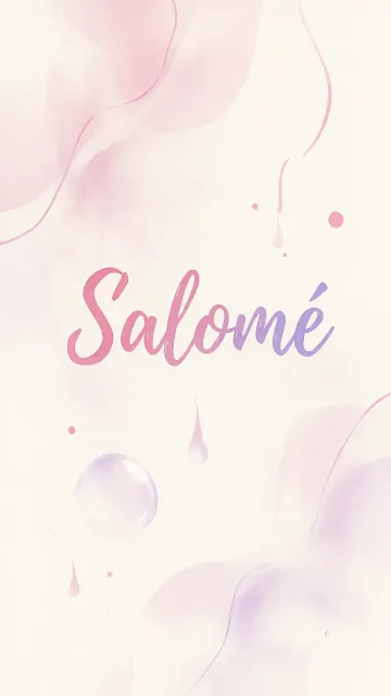 Salome diseño 7 - Diseño abstracto en acuarela sobre fondo crema, con manchas fluidas y etéreas en rosa pastel y lila, líneas curvas que aportan movimiento, pequeñas gotas salpicadas cayendo verticalmente y una burbuja translúcida en la parte superior izquierda. El nombre resalta al centro con una tipografía cursiva amplia y elegante en degradado rosa a morado.