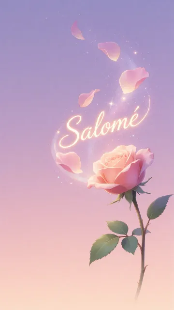 Salome diseño 8 - Fondo de Pantalla con degradado suave que transiciona de lila en la parte superior a melocotón y rosa pastel en la base, destacando una rosa rosada hiperrealista con tallo y hojas verdes. El nombre brilla en tipografía cursiva con efecto neón cálido, adornado con pétalos cayendo y chispas de luz mágica.