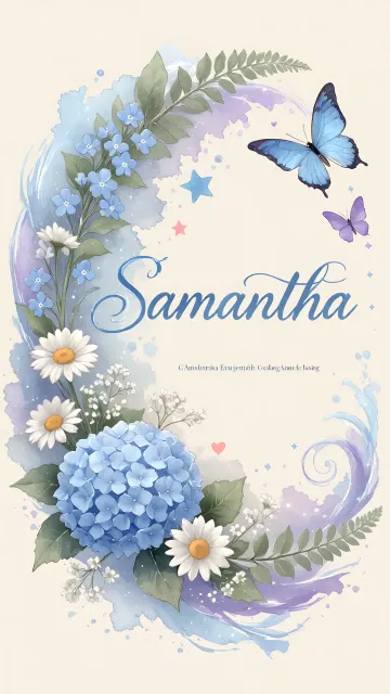 Samantha diseño 1 - Hortensias azules, flores pequeñas y acuarela suave con mariposas azules y brillo etéreo