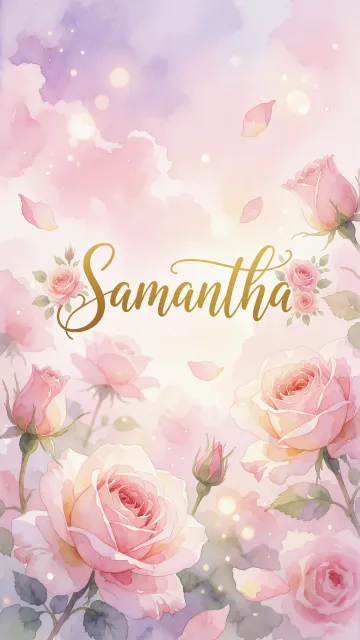 Samantha diseño 10 - Diseño estilo acuarela con un fondo etéreo y texturizado en nubes de tonos rosa pastel y lila suave. Presenta composiciones de rosas abiertas y capullos en los bordes inferior y superior, con pétalos cayendo delicadamente. Incorpora destellos de luz cálida (efecto bokeh) y, en el centro, resalta una tipografía elegante, cursiva y fluida en color dorado.