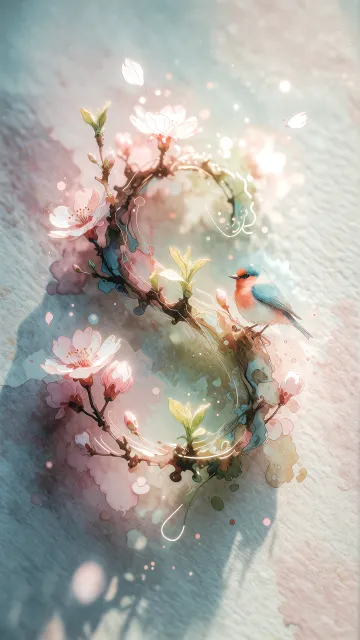 Samantha diseño 11 - Un delicado diseño de estilo acuarela digital que combina una tipografía de caligrafía personalizada para el nombre en tonos dorados y rosados suaves, adornada con pequeñas hojas y brotes. Un pajarito azul y naranja vibrante está posado en una de las letras. Todo está rodeado por un marco circular de ramas de cerezo en flor con delicadas flores rosadas y blancas. El fondo es un lavado de acuarela difuminado en tonos pastel suaves de azul cerceta, rosa rubor y melocotón sobre una textura de papel rugoso, con destellos luminosos y motas de luz bokeh flotando alrededor, creando una atmósfera mágica y soñadora. Las sombras suaves proyectadas añaden profundidad.