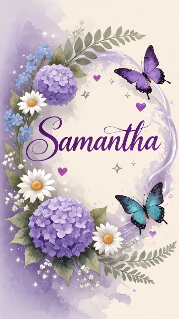 Samantha diseño 2 - Diseño elegante de hortensias en tonos lila y morados suaves, con volutas estilizadas y una mariposa mística que aporta un toque etéreo y mágico.