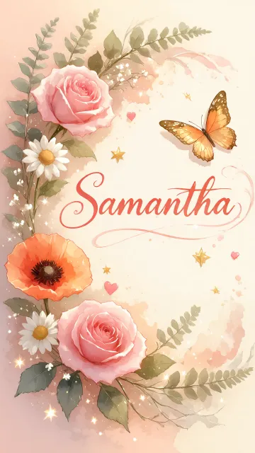Samantha diseño 3 - Elegante composición de rosas rosadas y amapolas naranjas con mariposas doradas brillantes sobre un fondo cálido, romántico y mágico.