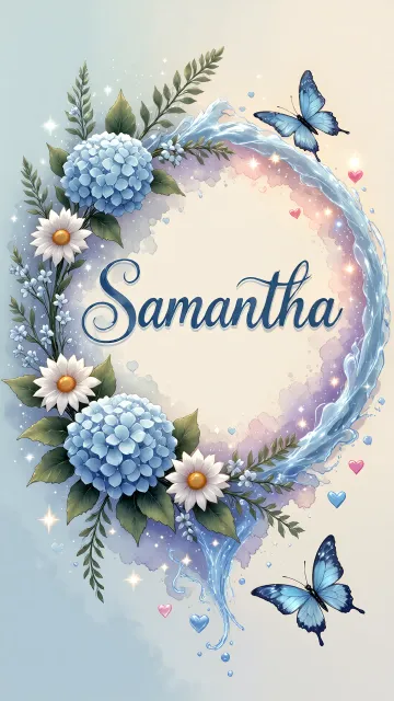 Samantha diseño 4 - Composición magica con nombre en letra cursiva azul, rodeado de hortensias azules, margaritas blancas y delicadas flores silvestres, enmarcado por suaves remolinos de agua, mariposas azules y destellos estelares sobre un fondo etéreo y romántico.