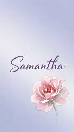 Samantha - Nombre en elegante tipografía cursiva caligráfica en tono lavanda, sobre fondo acuarela de cielo nublado en tonos pastel (azul, blanco, lavanda), decorado con rosa en acuarela de pétalos rosa pálido, blanco crema y lilas suaves con hojas en gris-verde.