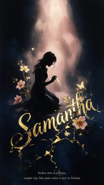 Samantha diseño 6 - Composición de ilustración semirrealista cinematográfica con silueta femenina tejiendo un hilo dorado de luz sobre un suelo oscuro fracturado al estilo Kintsugi, donde el nombre resalta en un prominente guión caligráfico dorado que emerge de las grietas, rodeado de flores blancas, mariposas y un fondo degradado de azules profundos iluminado por una luz celestial en tonos melocotón y crema, con una frase de aliento en tipografía blanca en la parte inferior.