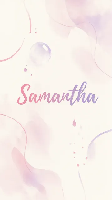 Samantha diseño 7 - Diseño abstracto en acuarela sobre fondo crema, con manchas fluidas y etéreas en rosa pastel y lila, líneas curvas que aportan movimiento, pequeñas gotas salpicadas cayendo verticalmente y una burbuja translúcida en la parte superior izquierda. El nombre resalta al centro con una tipografía cursiva amplia y elegante en degradado rosa a morado.