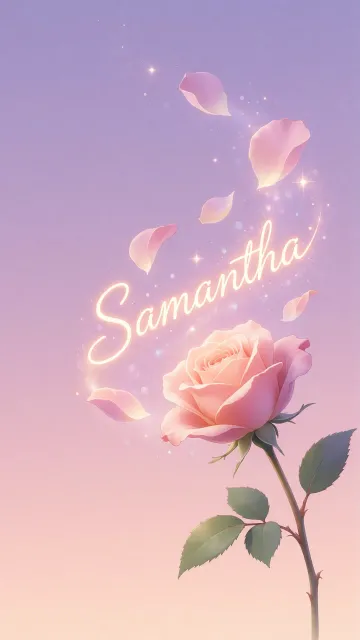 Samantha diseño 8 - Fondo de Pantalla con degradado suave que transiciona de lila en la parte superior a melocotón y rosa pastel en la base, destacando una rosa rosada hiperrealista con tallo y hojas verdes. El nombre brilla en tipografía cursiva con efecto neón cálido, adornado con pétalos cayendo y chispas de luz mágica.