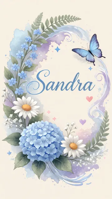 Sandra diseño 1 - Hortensias azules, flores pequeñas y acuarela suave con mariposas azules y brillo etéreo
