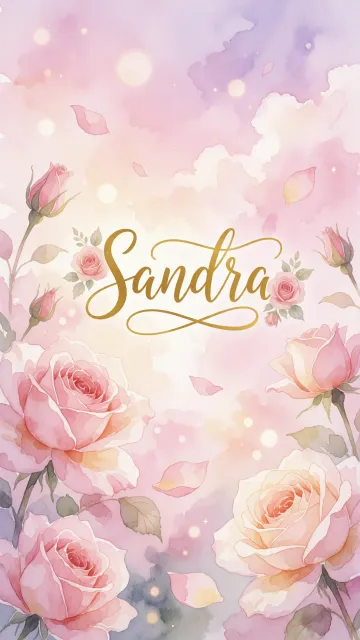 Sandra diseño 10 - Diseño estilo acuarela con un fondo etéreo y texturizado en nubes de tonos rosa pastel y lila suave. Presenta composiciones de rosas abiertas y capullos en los bordes inferior y superior, con pétalos cayendo delicadamente. Incorpora destellos de luz cálida (efecto bokeh) y, en el centro, resalta una tipografía elegante, cursiva y fluida en color dorado.