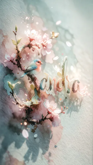 Sandra diseño 11 - Un delicado diseño de estilo acuarela digital que combina una tipografía de caligrafía personalizada para el nombre en tonos dorados y rosados suaves, adornada con pequeñas hojas y brotes. Un pajarito azul y naranja vibrante está posado en una de las letras. Todo está rodeado por un marco circular de ramas de cerezo en flor con delicadas flores rosadas y blancas. El fondo es un lavado de acuarela difuminado en tonos pastel suaves de azul cerceta, rosa rubor y melocotón sobre una textura de papel rugoso, con destellos luminosos y motas de luz bokeh flotando alrededor, creando una atmósfera mágica y soñadora. Las sombras suaves proyectadas añaden profundidad.