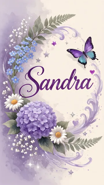 Sandra diseño 2 - Diseño elegante de hortensias en tonos lila y morados suaves, con volutas estilizadas y una mariposa mística que aporta un toque etéreo y mágico.