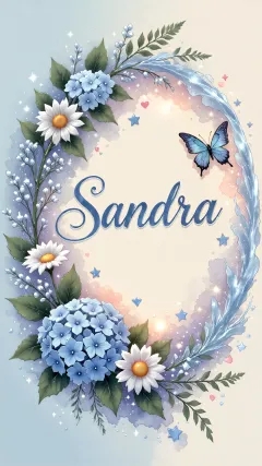 Sandra - Composición magica con nombre en letra cursiva azul, rodeado de hortensias azules, margaritas blancas y delicadas flores silvestres, enmarcado por suaves remolinos de agua, mariposas azules y destellos estelares sobre un fondo etéreo y romántico.