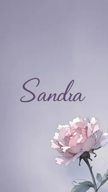 Sandra diseño 5 - Nombre en elegante tipografía cursiva caligráfica en tono lavanda, sobre fondo acuarela de cielo nublado en tonos pastel (azul, blanco, lavanda), decorado con rosa en acuarela de pétalos rosa pálido, blanco crema y lilas suaves con hojas en gris-verde.