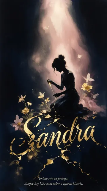 Sandra diseño 6 - Composición de ilustración semirrealista cinematográfica con silueta femenina tejiendo un hilo dorado de luz sobre un suelo oscuro fracturado al estilo Kintsugi, donde el nombre resalta en un prominente guión caligráfico dorado que emerge de las grietas, rodeado de flores blancas, mariposas y un fondo degradado de azules profundos iluminado por una luz celestial en tonos melocotón y crema, con una frase de aliento en tipografía blanca en la parte inferior.