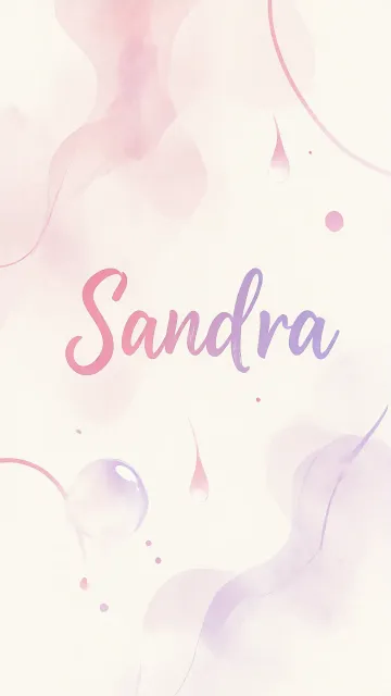 Sandra diseño 7 - Diseño abstracto en acuarela sobre fondo crema, con manchas fluidas y etéreas en rosa pastel y lila, líneas curvas que aportan movimiento, pequeñas gotas salpicadas cayendo verticalmente y una burbuja translúcida en la parte superior izquierda. El nombre resalta al centro con una tipografía cursiva amplia y elegante en degradado rosa a morado.