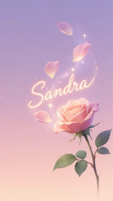 Sandra diseño 8 - Fondo de Pantalla con degradado suave que transiciona de lila en la parte superior a melocotón y rosa pastel en la base, destacando una rosa rosada hiperrealista con tallo y hojas verdes. El nombre brilla en tipografía cursiva con efecto neón cálido, adornado con pétalos cayendo y chispas de luz mágica.