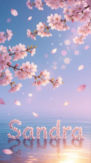 Sandra diseño 9 - Composición serena y onírica con ramas de cerezo en flor (sakura) en la parte superior contra un cielo en degradado de azul suave y lila. Pétalos de color rosa pastel flotan delicadamente en el aire cayendo hacia una superficie de agua tranquila y cristalina. En el centro inferior, el nombre está formado por pétalos de flores con un sutil efecto de relieve 3D y tipografía floral, reflejándose sobre el agua que está iluminada por un cálido destello dorado de luz solar en la esquina inferior derecha.