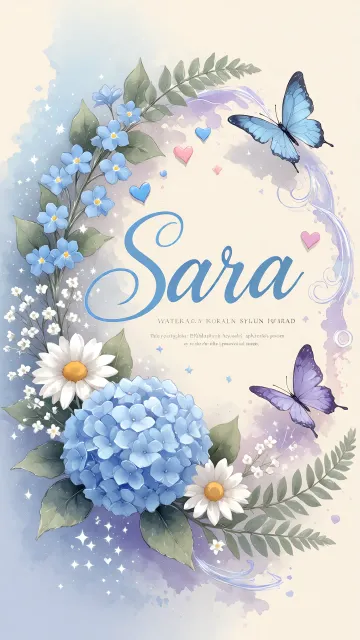 Sara diseño 1 - Hortensias azules, flores pequeñas y acuarela suave con mariposas azules y brillo etéreo
