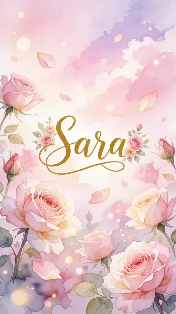 Sara diseño 10 - Diseño estilo acuarela con un fondo etéreo y texturizado en nubes de tonos rosa pastel y lila suave. Presenta composiciones de rosas abiertas y capullos en los bordes inferior y superior, con pétalos cayendo delicadamente. Incorpora destellos de luz cálida (efecto bokeh) y, en el centro, resalta una tipografía elegante, cursiva y fluida en color dorado.